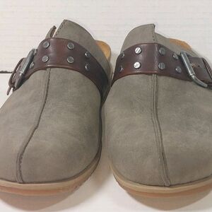 Women's Gray Suede Slip-On Clogs with Brown Studded Strap